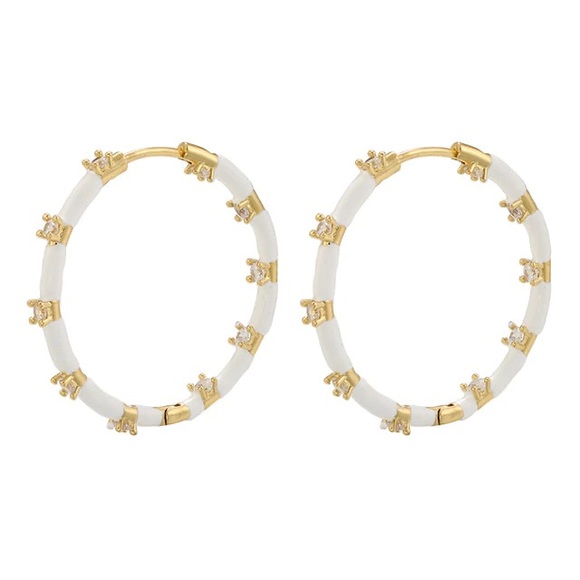 Jewelry - Goldtone and White Hoop Earrings with Crown Accents - Women Jewelry